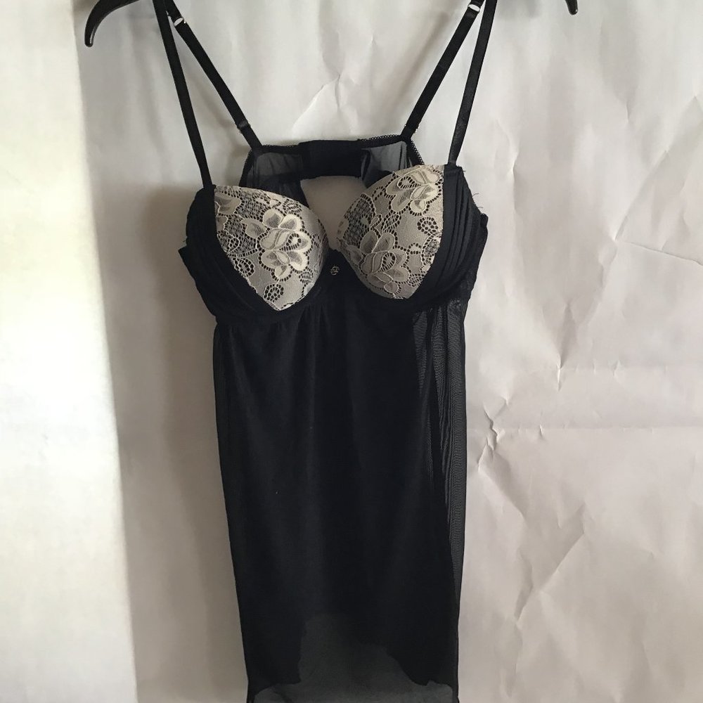 Daisey Fuentes sexy black and cream lace baby doll lingerie, size Large